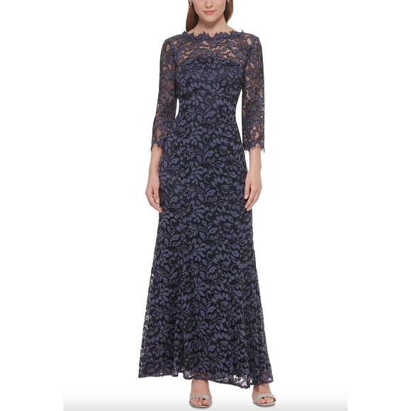 NWT Eliza J Navy Blue Floral Lace Bateau Neck Long Sleeve V-back Maxi Dress Gown - Picture 1 of 6